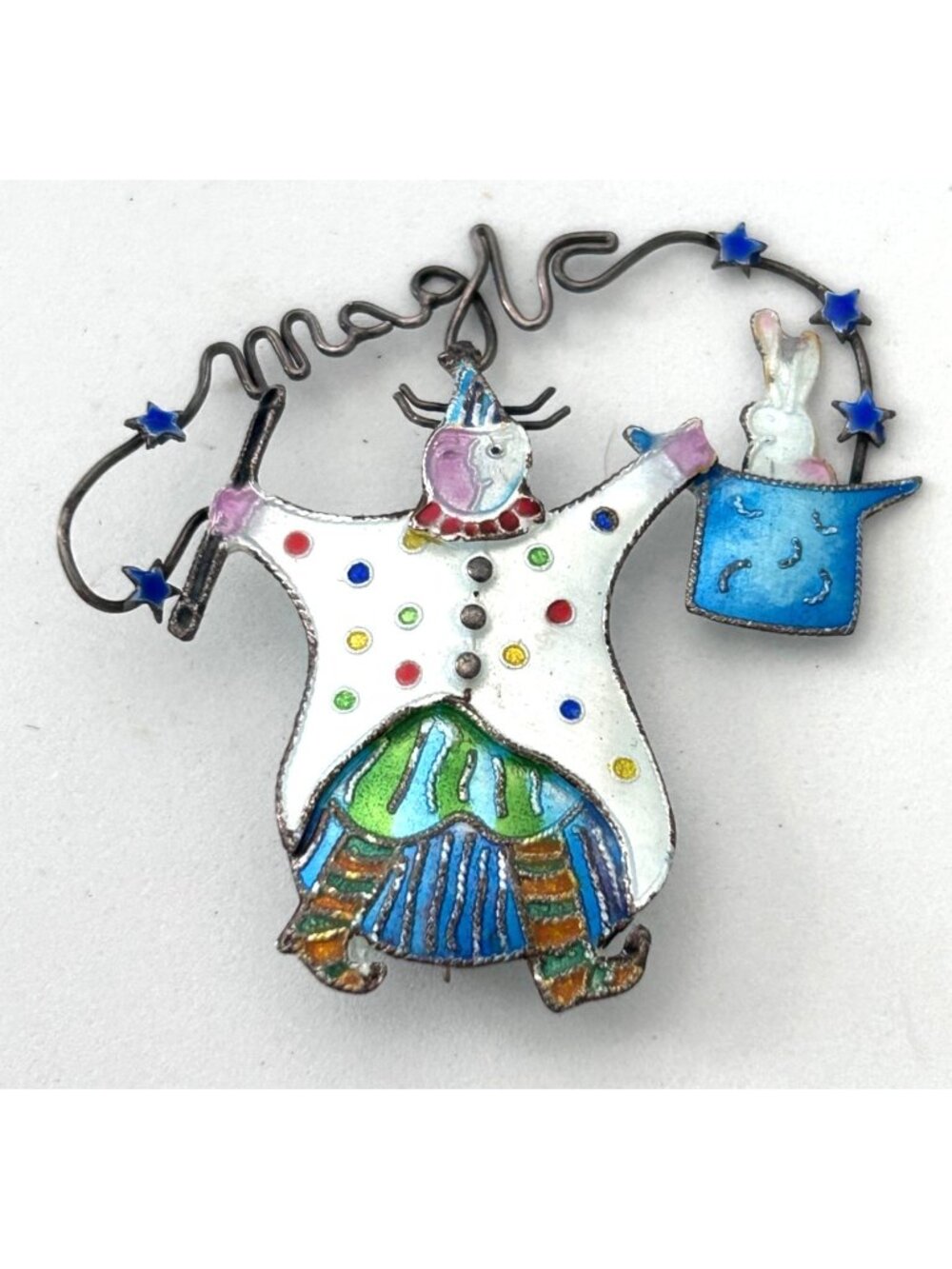 Vintage Clown Brooch Pin Magic Rabbit Hat Design 2" Colorful Whimsical Jewelry
